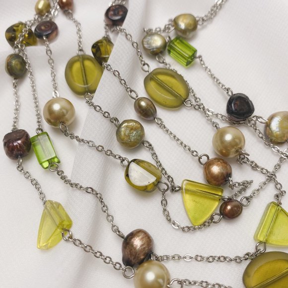 Olive Green Brown Natural Pearl Glass Beaded Silver Chain Layered Necklace - Picture 7 of 11